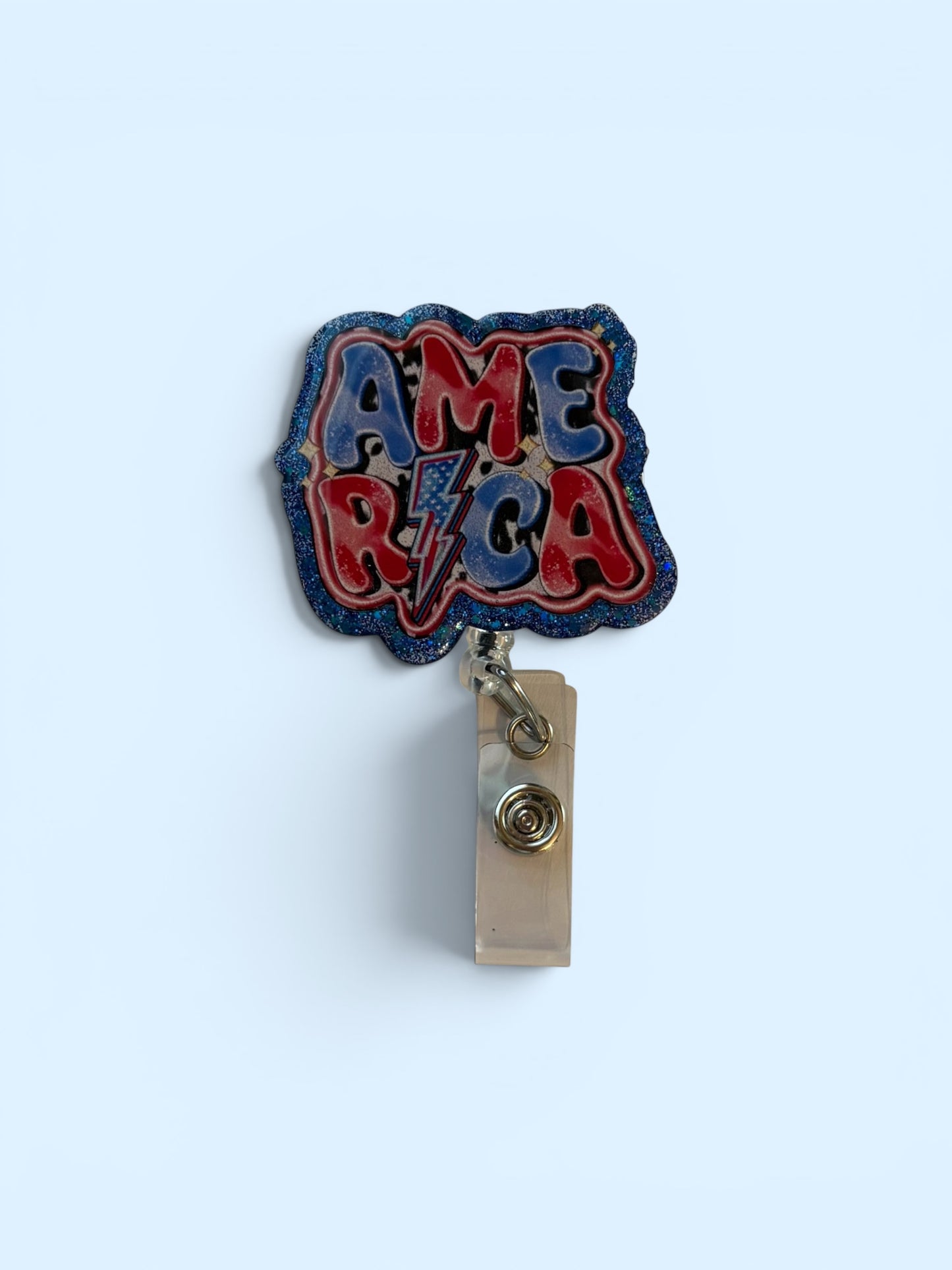 America Patriotic Badge Reel – Red, White & Blue Glitter Healthcare ID Badge Holder