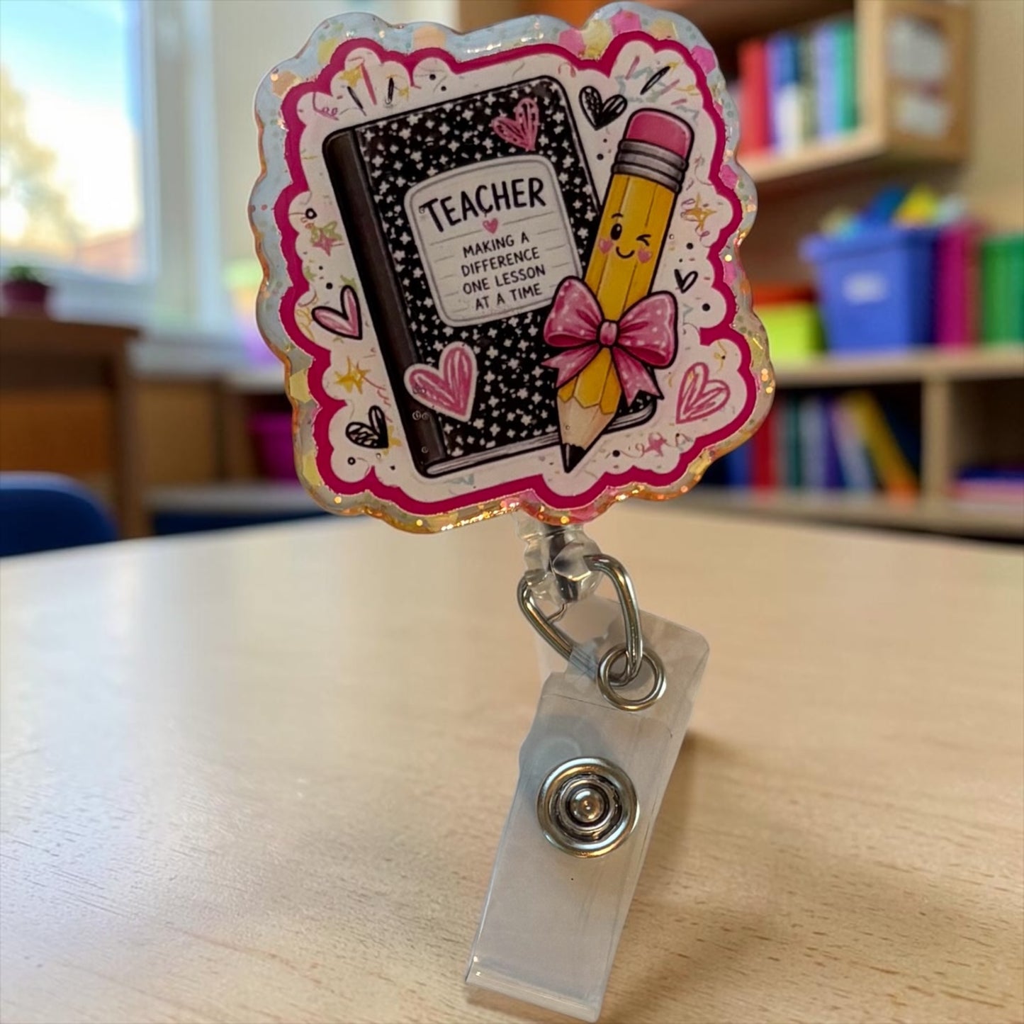 Teacher Making a Difference Badge Reel | Cute Pencil & Composition Notebook ID Holder | Teacher Gift
