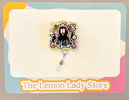 Cute Ghost Badge Reel – Holographic Halloween ID Holder with Bow & Pumpkins