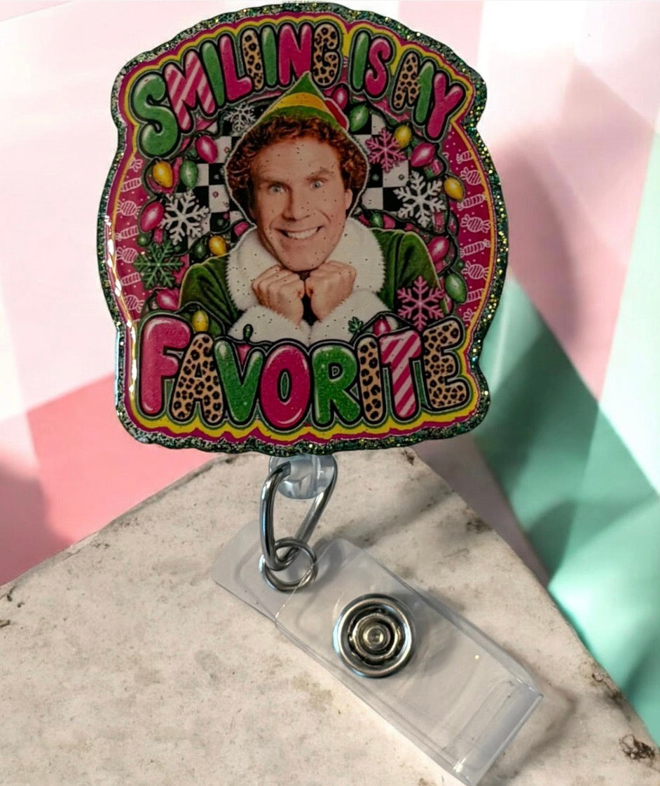 Smiling Is My Favorite Christmas Badge Reel | Funny Holiday Badge Buddy | Festive Nurse ID Holder