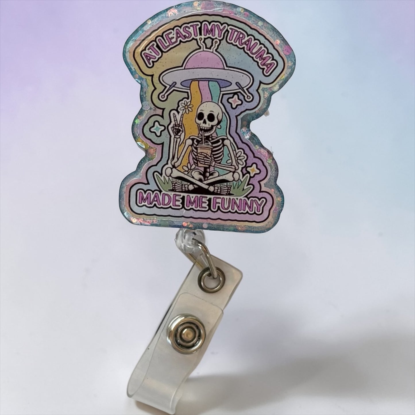 Trauma Nurse Badge Reel – “At Least My Trauma Made Me Funny” ID Clip, Skeleton Nurse Badge Holder, ER RN Humor Gift