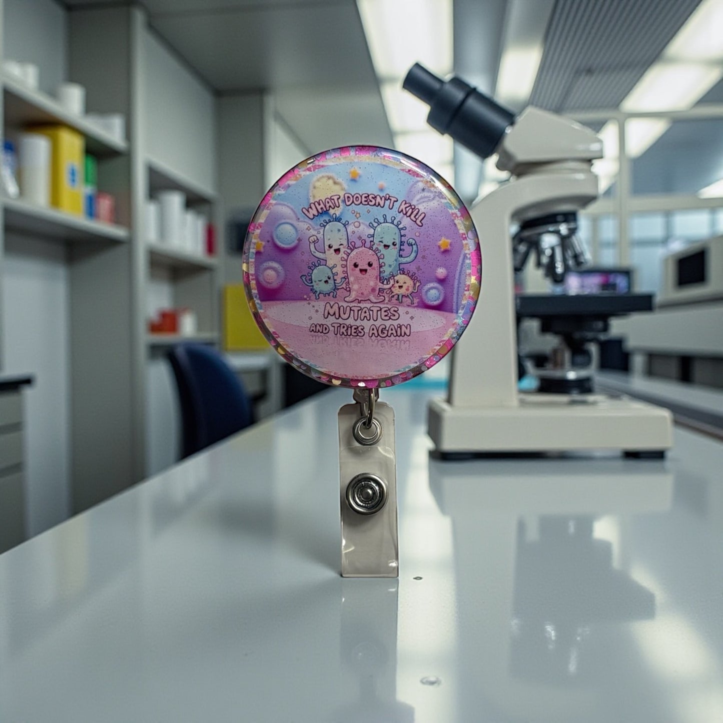What Doesn’t Kill You Mutates and Tries Again Badge Reel – Funny Germ ID Holder