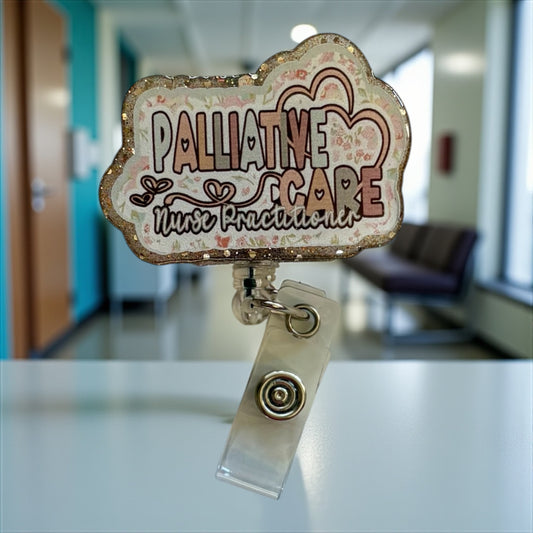 Palliative Care Nurse Practitioner Badge Reel – Floral Glitter ID Holder