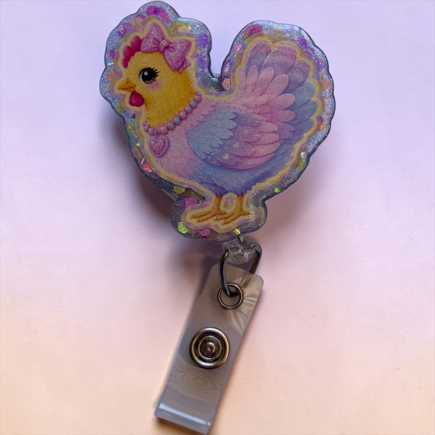 Pastel Glitter Chicken Badge Reel – Cute Girly Nurse Badge Holder