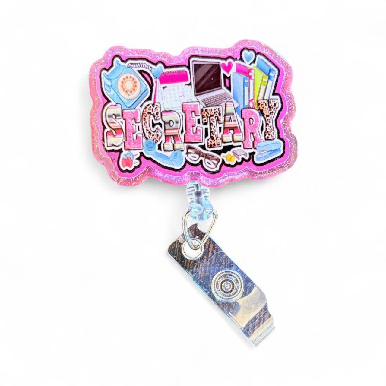 Secretary Badge Reel – Cute Glitter Office Badge Holder with Retractable Clip, Admin Assistant ID Reel, Office Staff Gift