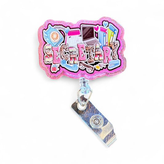 Secretary Badge Reel – Cute Glitter Office Badge Holder with Retractable Clip, Admin Assistant ID Reel, Office Staff Gift