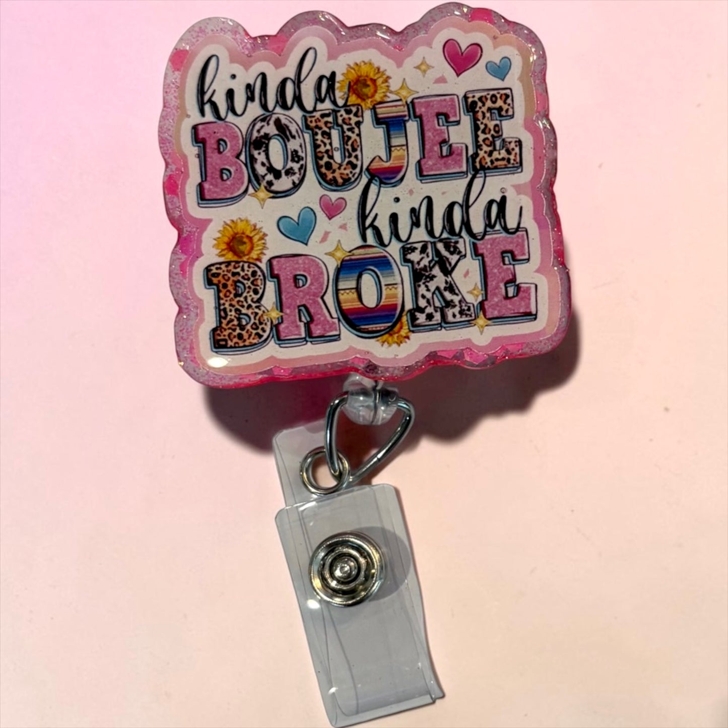 Kinda Boujee Kinda Broke Badge Reel – Funny Retractable ID Holder with Leopard & Sunflower Design