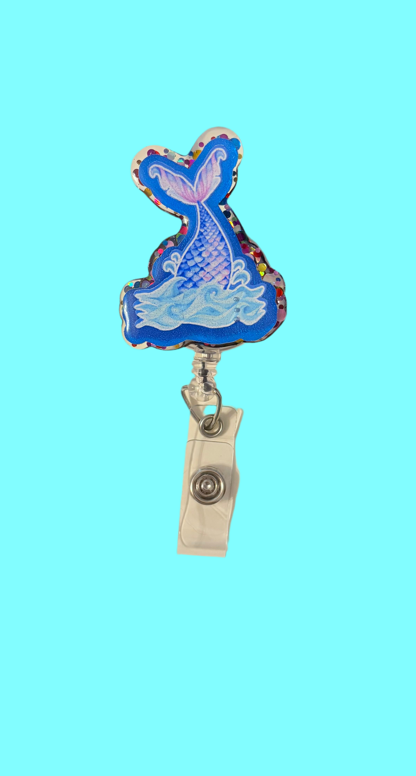 Mermaid Tail Badge Reel – Cute Glitter Retractable ID Holder for Nurses, Teachers & Office Staff