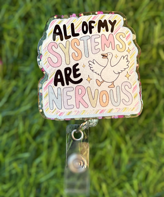 Funny Nurse Badge Reel – “All My Systems Are Nervous” Anxiety Clip, Medical Humor ID Holder for ER, ICU, or Students