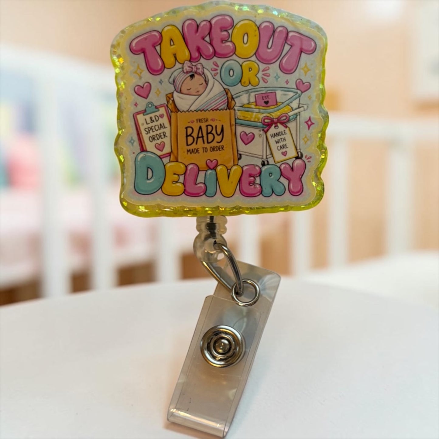 Takeout or Delivery Labor & Delivery Nurse Badge Reel | Handmade L&D Nurse ID Holder | Baby Delivery Badge Clip