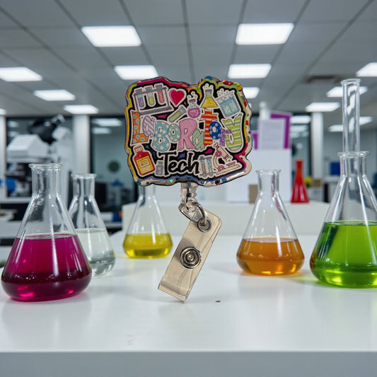 Lab Tech Badge Reel – Colorful Medical Laboratory Scientist ID Clip, Funny MLT Badge Holder for Microbiology or Hospital Staff