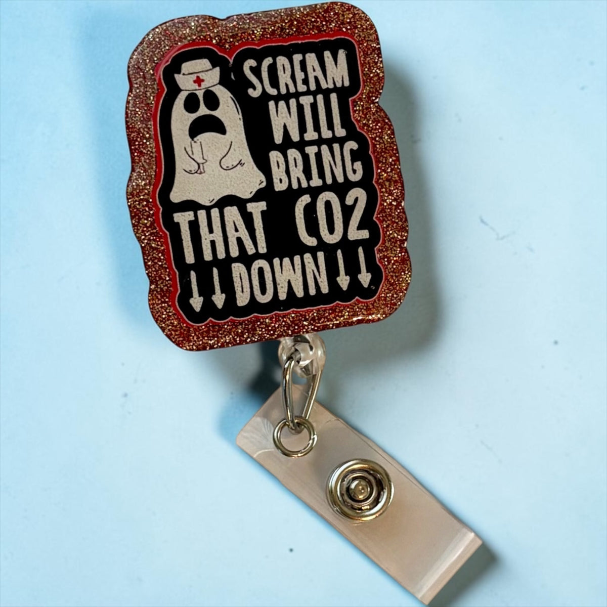 👻 “Scream Will Bring That CO2 Down” Ghost Nurse Badge Reel – Funny Halloween ID Holder
