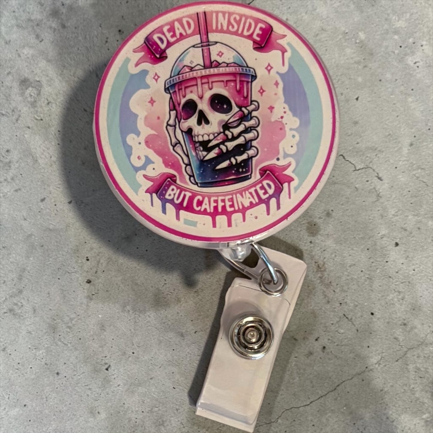 Dead Inside but Caffeinated Badge Reel – Funny Nurse ID Clip | Coffee Lover Work Badge | Caffeine Addict Gift for Healthcare & Office Staff