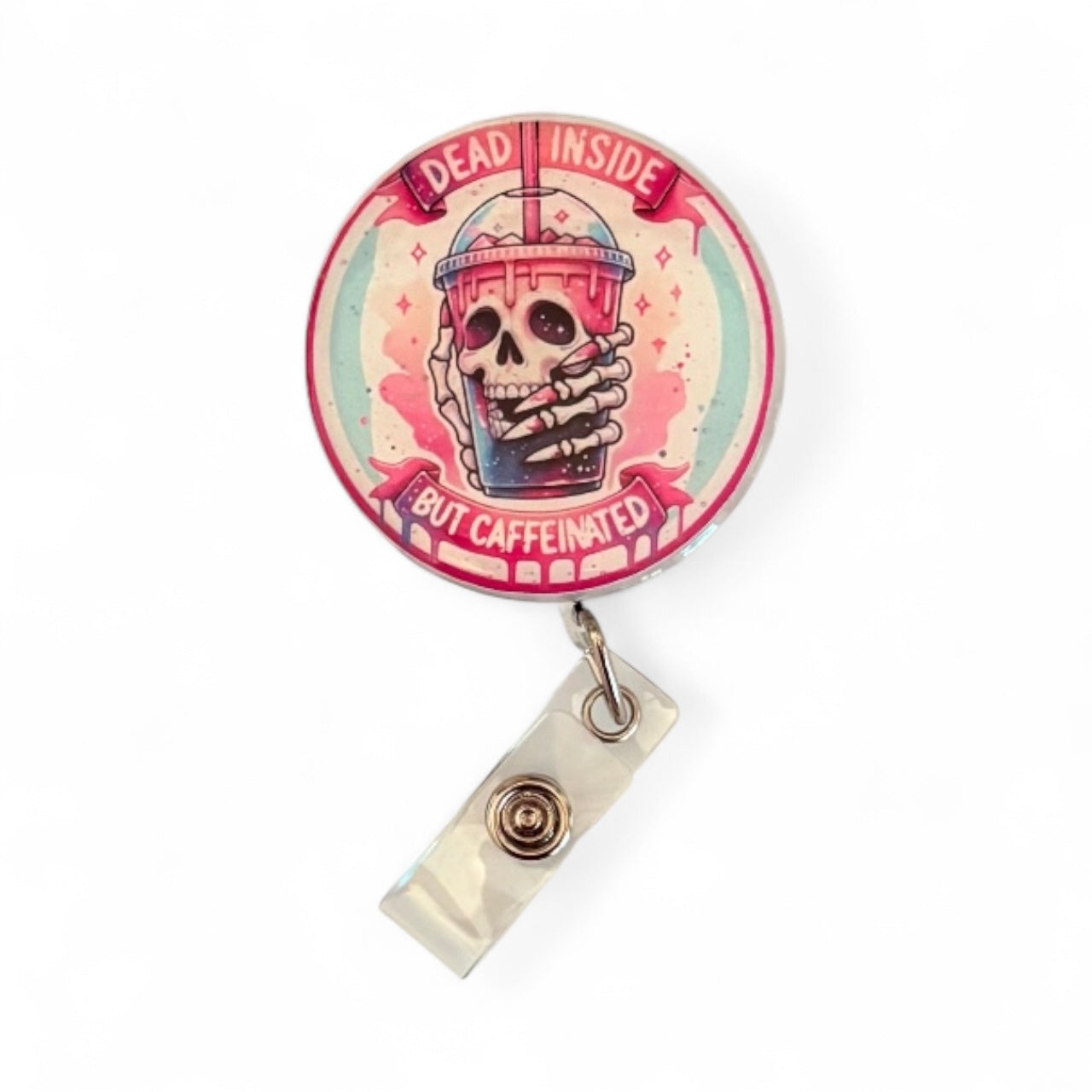 Dead Inside but Caffeinated Badge Reel – Funny Nurse ID Clip | Coffee Lover Work Badge | Caffeine Addict Gift for Healthcare & Office Staff