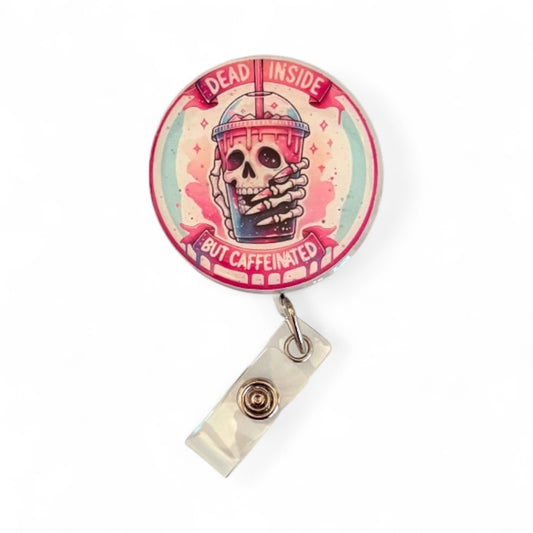 Dead Inside but Caffeinated Badge Reel – Funny Nurse ID Clip | Coffee Lover Work Badge | Caffeine Addict Gift for Healthcare & Office Staff