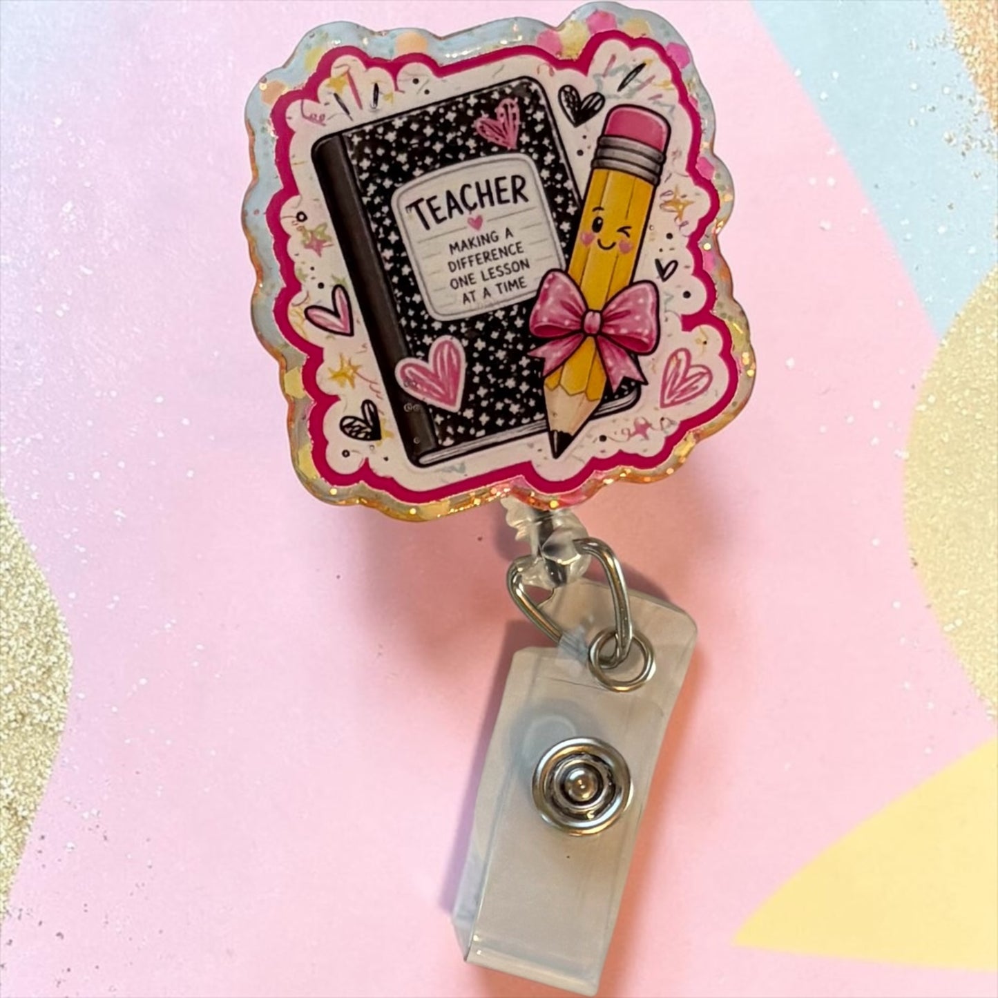 Teacher Making a Difference Badge Reel | Cute Pencil & Composition Notebook ID Holder | Teacher Gift