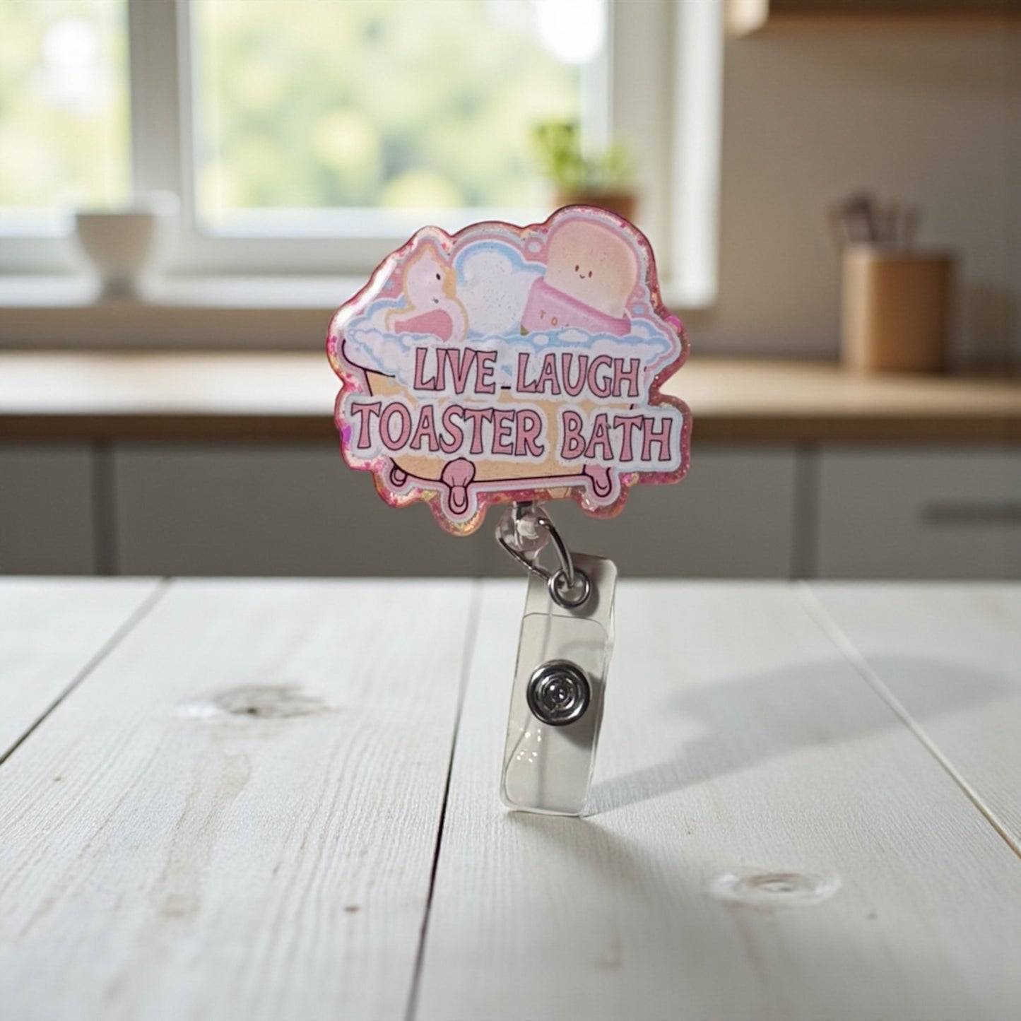 Toaster bath badge reel,  Funny Dark Humor Badge ID Holder, Handmade Acrylic Badge Reel Holder, live laugh toaster bath