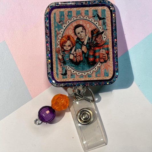 Vintage Horror Movie Trio Glitter Badge Reel | Halloween Retractable ID Badge Holder | Handmade Spooky Badge Reel
