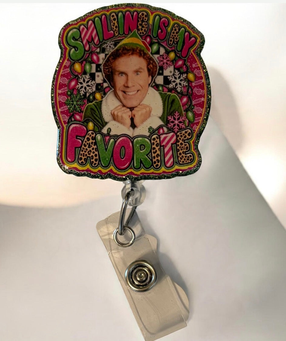 Smiling Is My Favorite Christmas Badge Reel | Funny Holiday Badge Buddy | Festive Nurse ID Holder