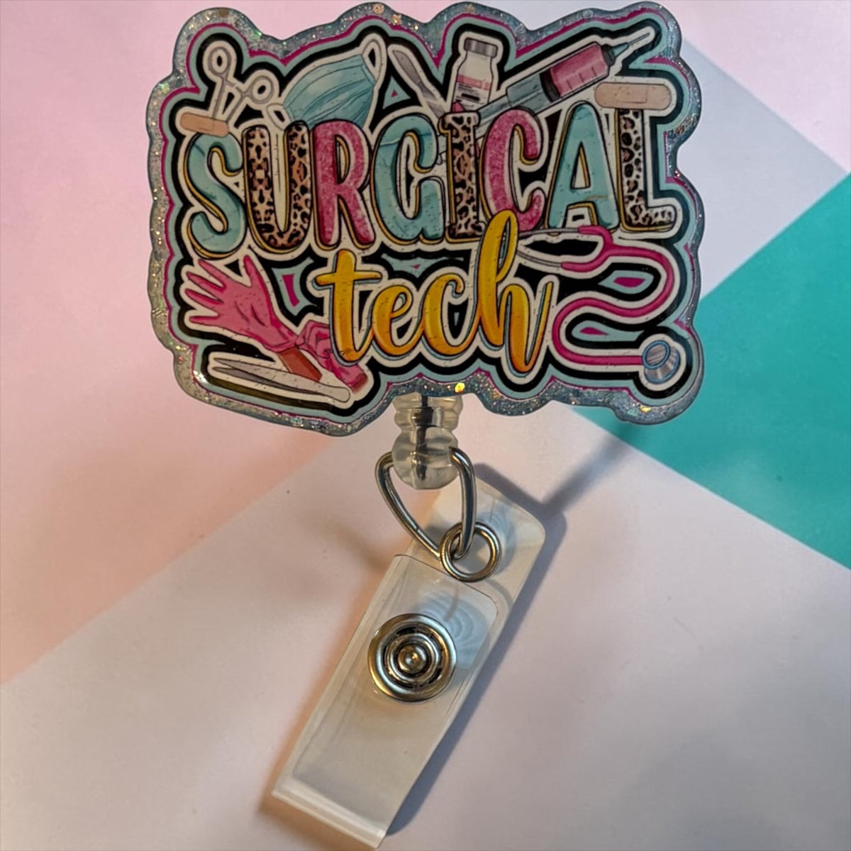 Surgical Tech Badge Reel – Colorful OR Tech ID Clip, Cute Retractable Badge Holder, Surgery Tech Gift for Healthcare Workers
