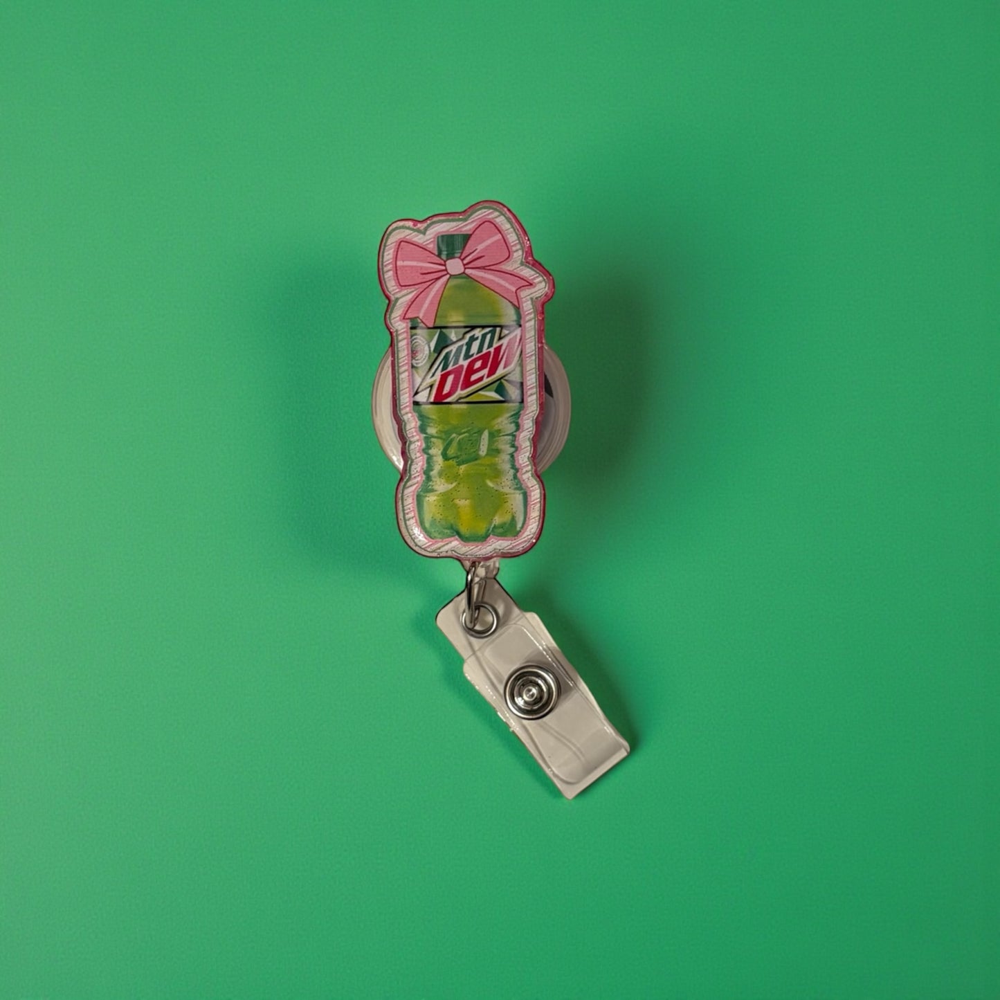 Pink Bow Mountain Dew Badge Reel | Cute Soda Badge Reel | Nurse & Healthcare ID Holder
