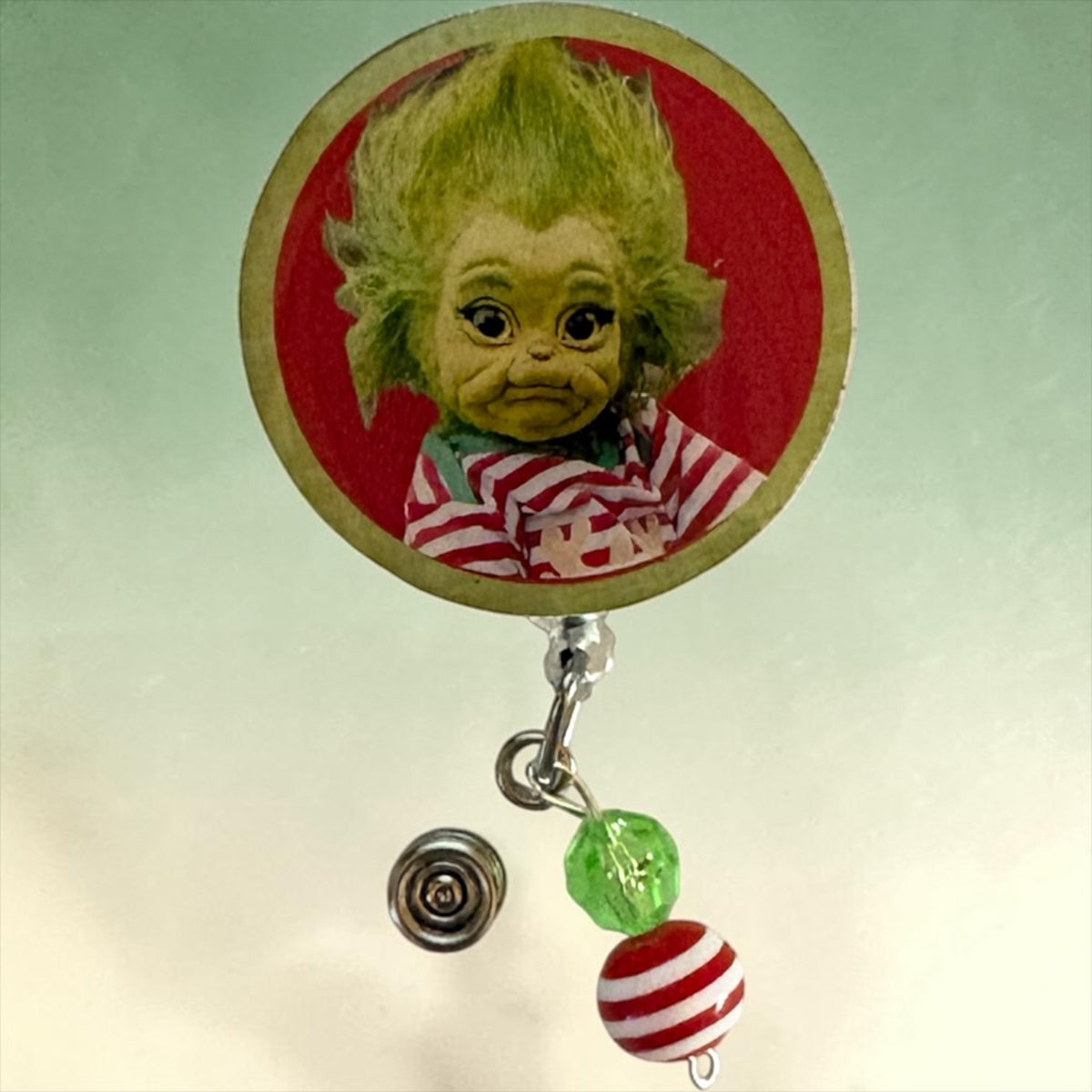Baby Grinch Retractable Badge Reel – Whimsical Green Furry Holiday ID Badge Holder for Nurses, Teachers & Healthcare Workers