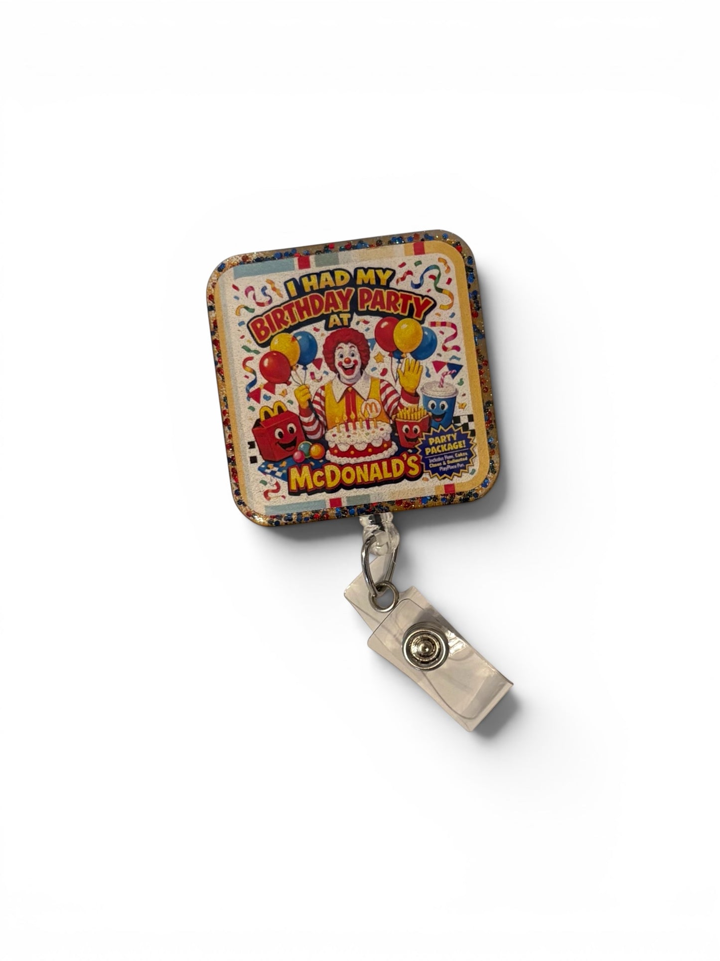 Retro McDonald’s Birthday Party Badge Reel | Nostalgic Ronald Clown ID Holder | Glitter Edge Nurse Badge Reel