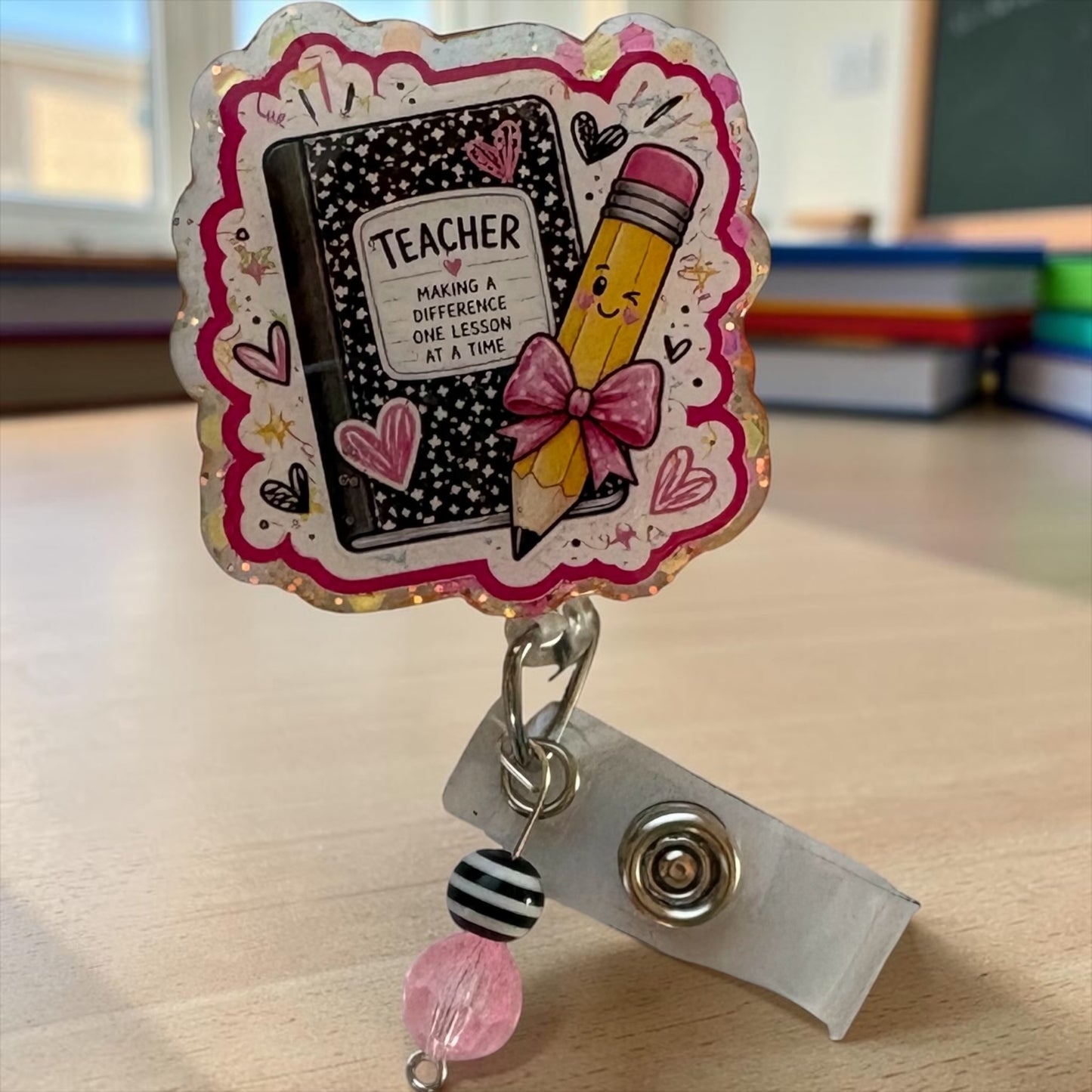 Teacher Making a Difference Badge Reel | Cute Pencil & Composition Notebook ID Holder | Teacher Gift