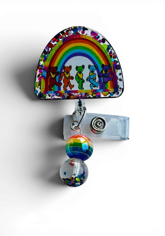 Dancing Bears Badge Reel, Rainbow Nurse ID Clip, Hippie Badge Holder, Cute Medical Accessory