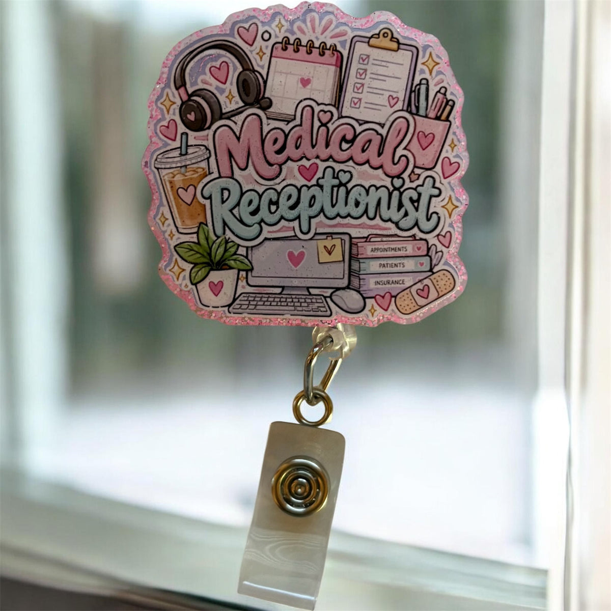 Medical Receptionist Badge Reel – Cute Retractable ID Holder for Healthcare Front Desk Staff