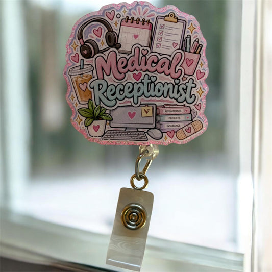 Medical Receptionist Badge Reel – Cute Retractable ID Holder for Healthcare Front Desk Staff