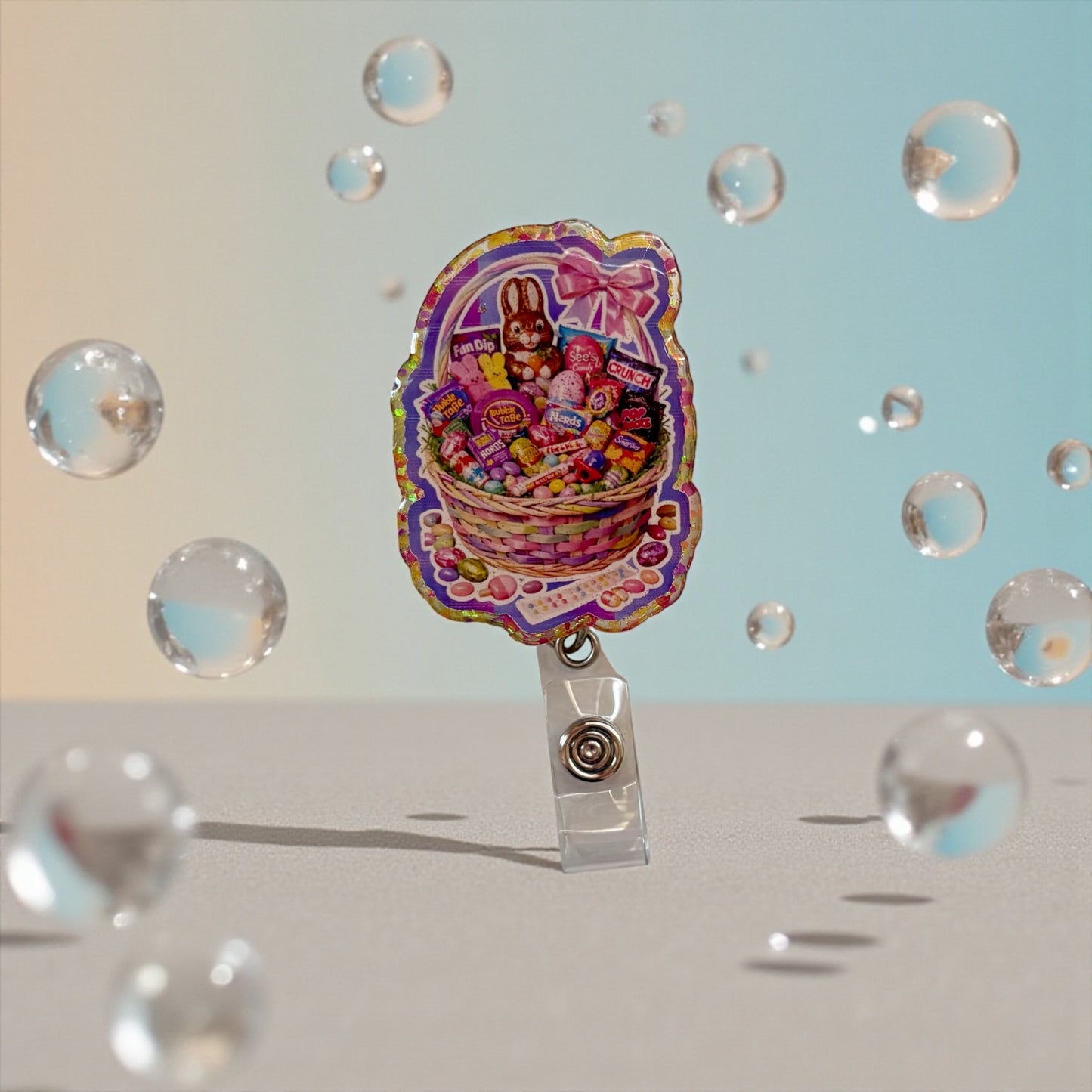 Nostalgic 90s Easter Basket Badge Reel – Retro Candy Bunny Design