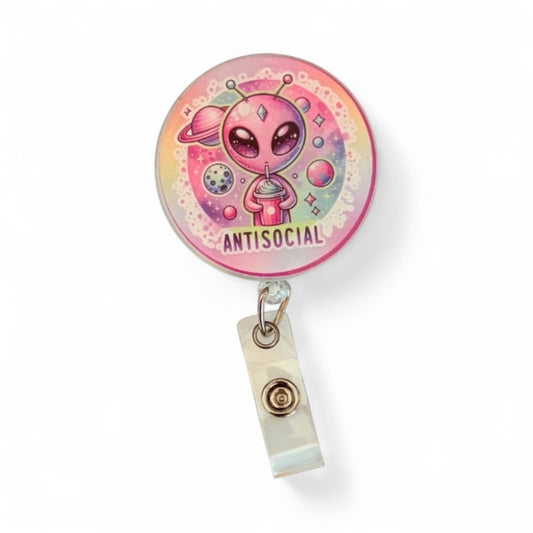 Glow in the Dark Antisocial Alien Badge Reel – Funny Galaxy Retractable ID Holder