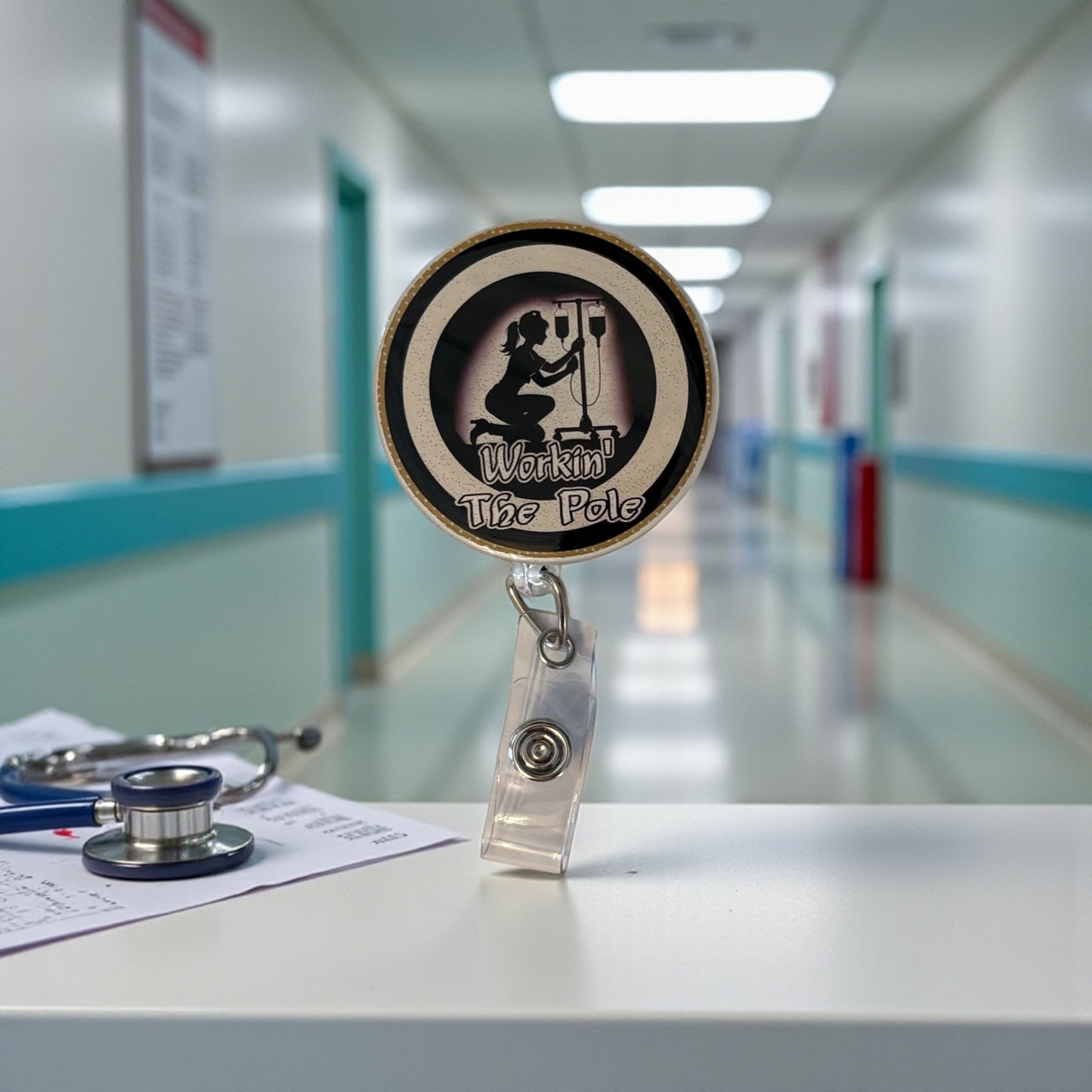 Workin’ the Pole Nurse Badge Reel – Funny IV Pole Retractable ID Holder