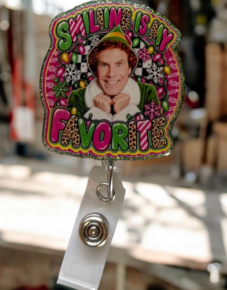 Smiling Is My Favorite Christmas Badge Reel | Funny Holiday Badge Buddy | Festive Nurse ID Holder