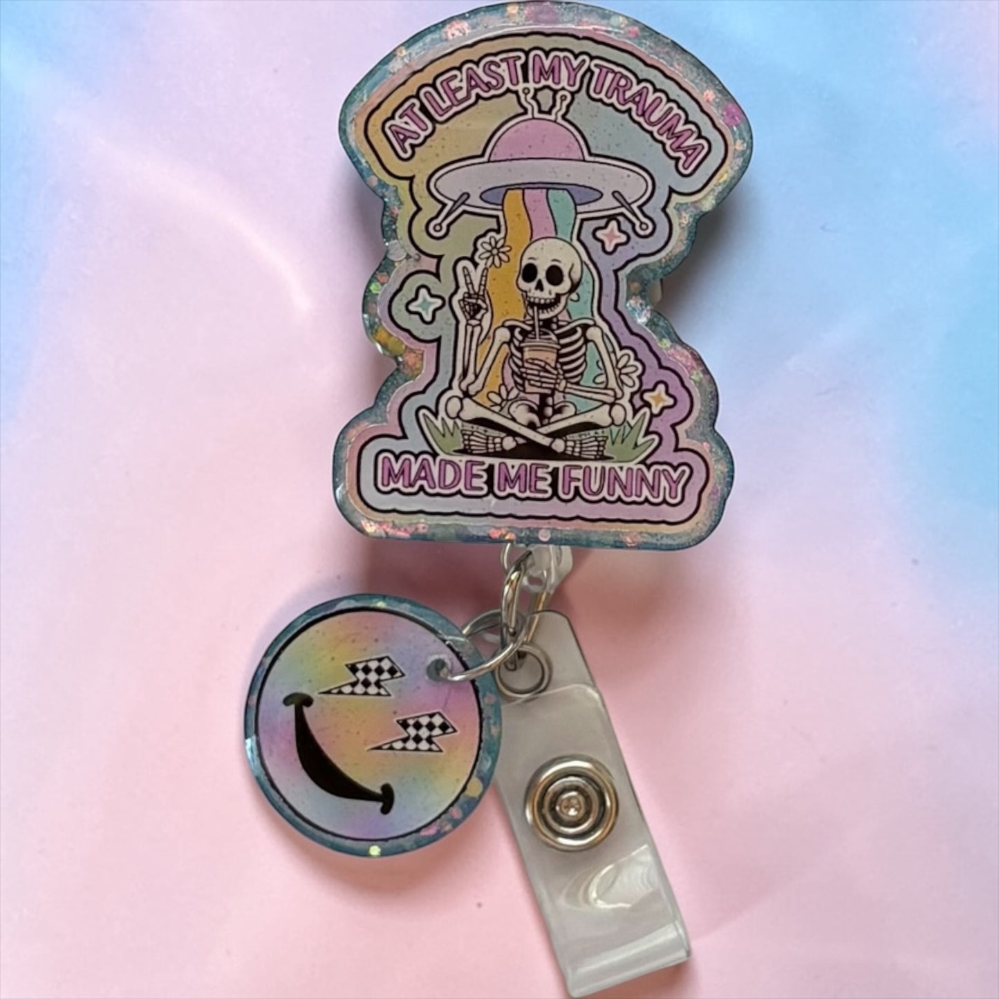 Trauma Nurse Badge Reel – “At Least My Trauma Made Me Funny” ID Clip, Skeleton Nurse Badge Holder, ER RN Humor Gift