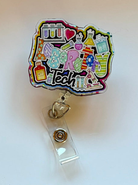 Lab Tech Badge Reel – Colorful Medical Laboratory Scientist ID Clip, Funny MLT Badge Holder for Microbiology or Hospital Staff
