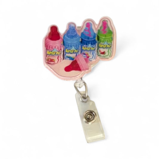 Retro Baby Bottle Pop Badge Reel – Nostalgic Candy ID Holder | Fun Badge Clip for Nurses & Teachers