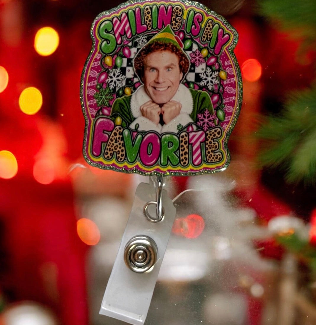Smiling Is My Favorite Christmas Badge Reel | Funny Holiday Badge Buddy | Festive Nurse ID Holder