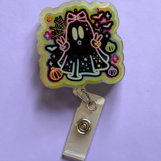 Cute Ghost Badge Reel – Holographic Halloween ID Holder with Bow & Pumpkins