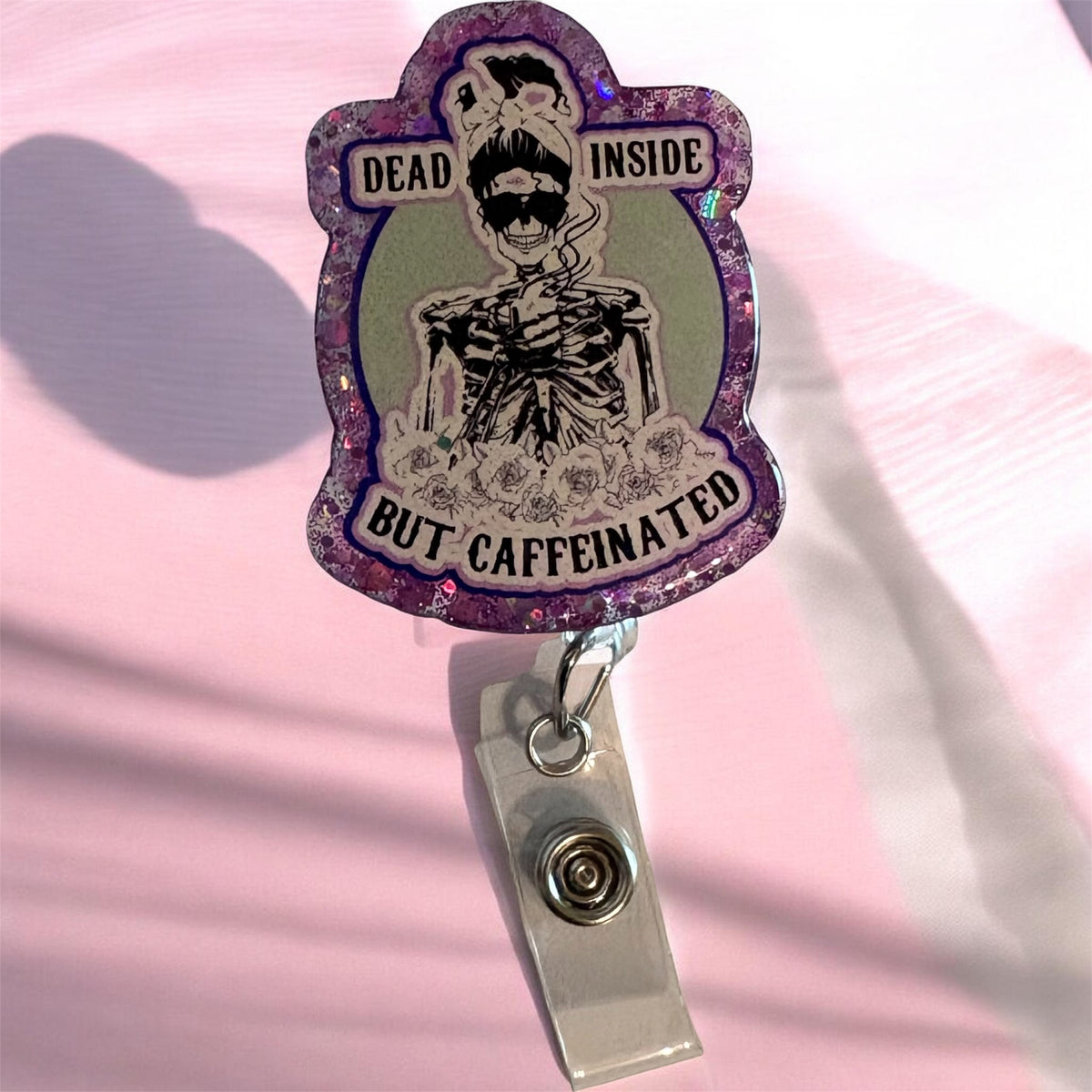 Dead Inside but Caffeinated Badge Reel – Funny Nurse ID Clip | Coffee Lover Work Badge | Caffeine Addict Gift for Healthcare & Office Staff