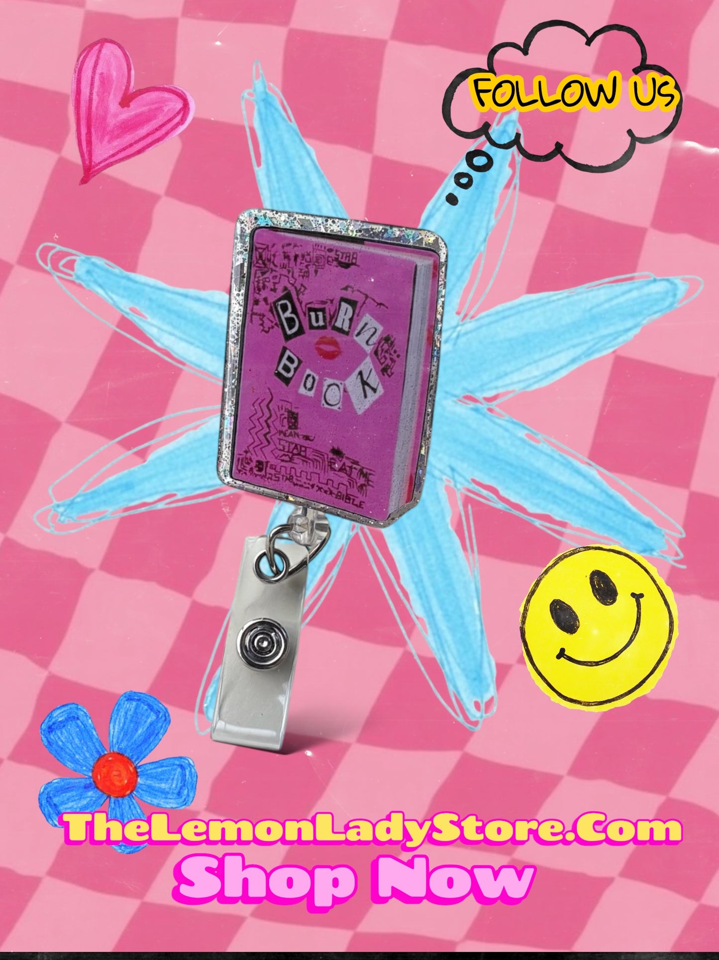 Burn Book Badge Reel – Mean Girls Nostalgia, Glitter Border, Retractable ID Holder