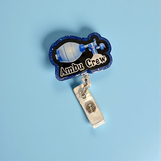 Ambu Crew Badge Reel – Respiratory Therapist Gift, ER Nurse ID Holder, ICU Badge Reel, Funny Medical Badge, Glitter Retractable Reel