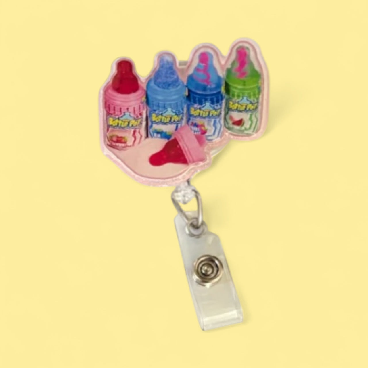 Retro Baby Bottle Pop Badge Reel – Nostalgic Candy ID Holder | Fun Badge Clip for Nurses & Teachers