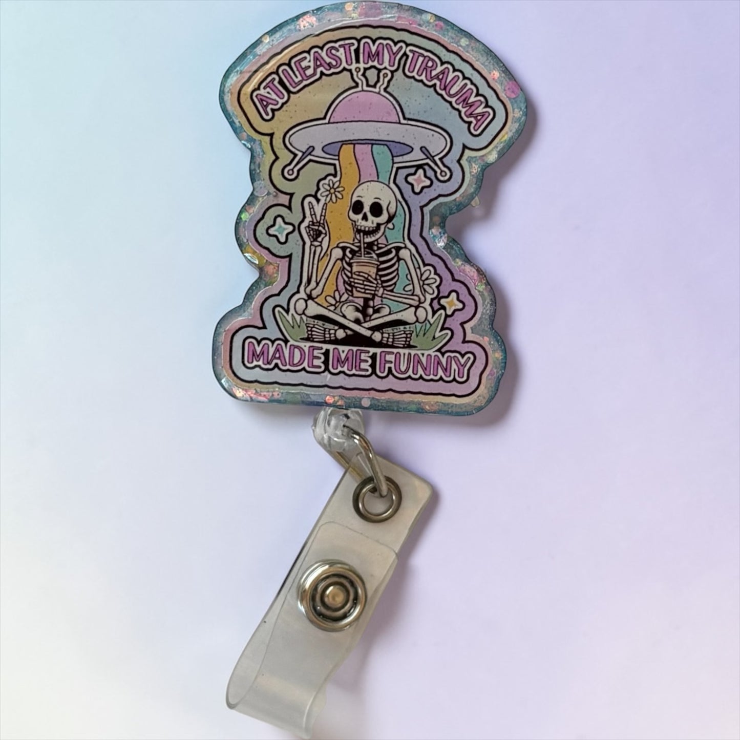 Trauma Nurse Badge Reel – “At Least My Trauma Made Me Funny” ID Clip, Skeleton Nurse Badge Holder, ER RN Humor Gift