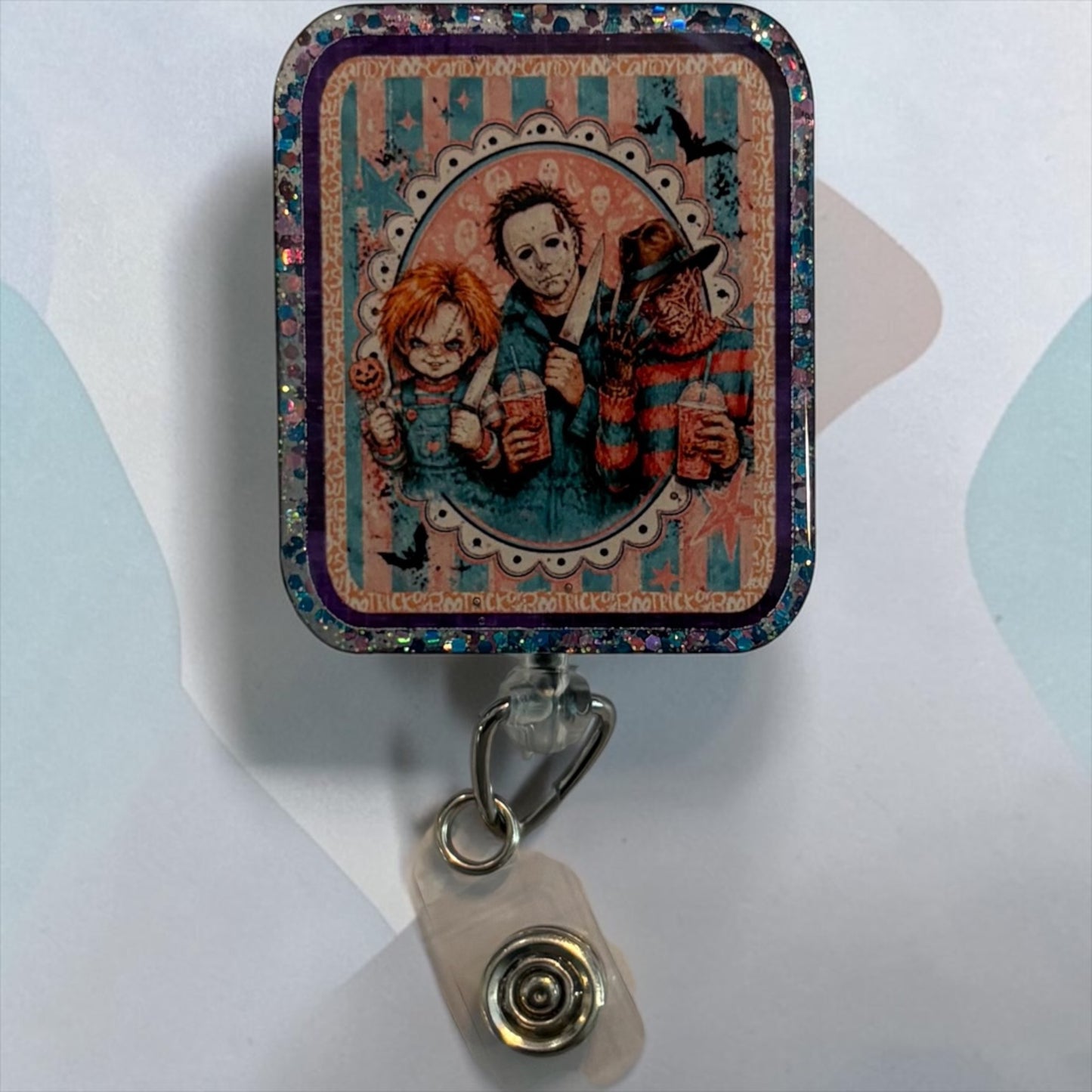 Vintage Horror Movie Trio Glitter Badge Reel | Halloween Retractable ID Badge Holder | Handmade Spooky Badge Reel