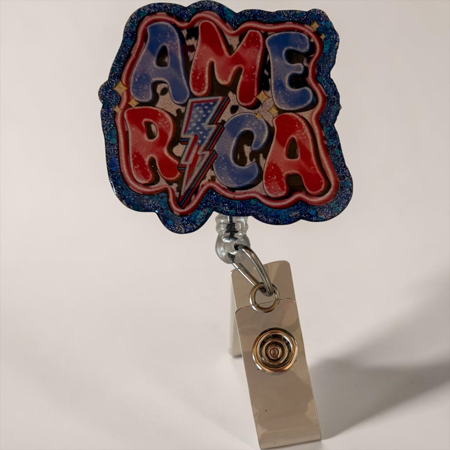 America Patriotic Badge Reel – Red, White & Blue Glitter Healthcare ID Badge Holder