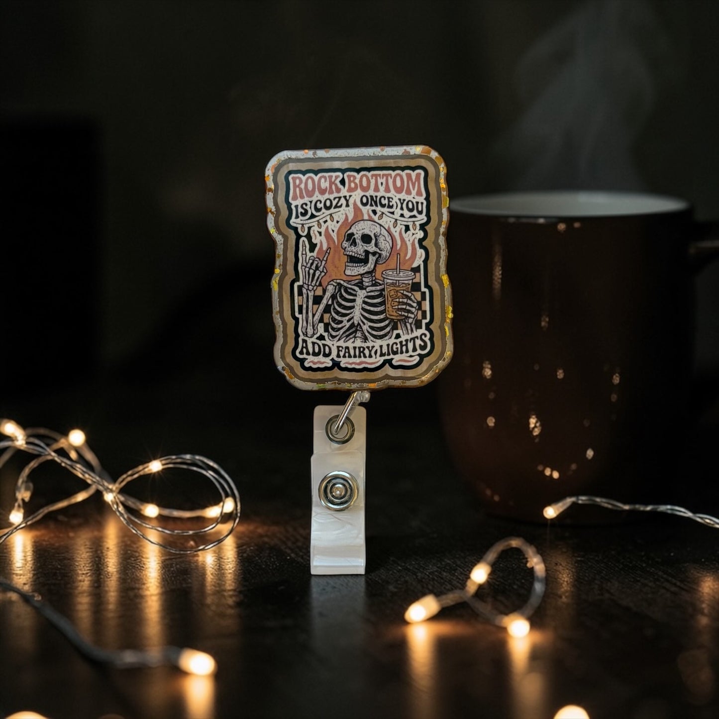 Rock Bottom Is Cozy Badge Reel – Skeleton Fairy Lights Dark Humor Retractable ID Holder