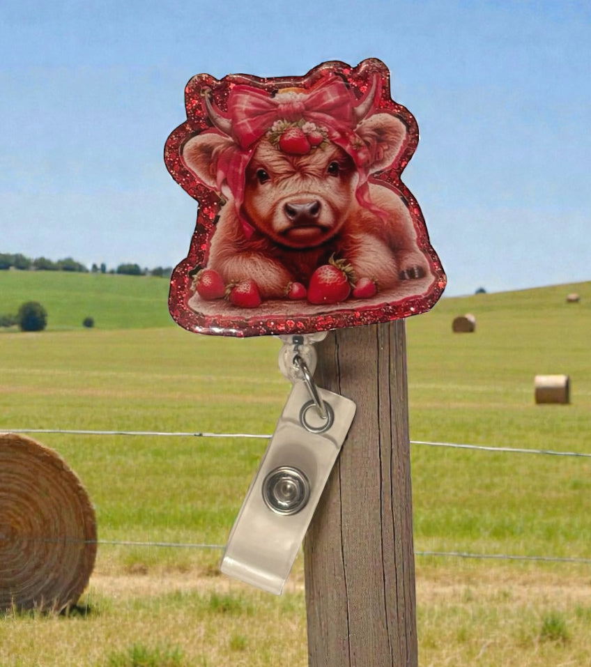 Strawberry Cow Badge Reel, Cute Cow Badge Reel
