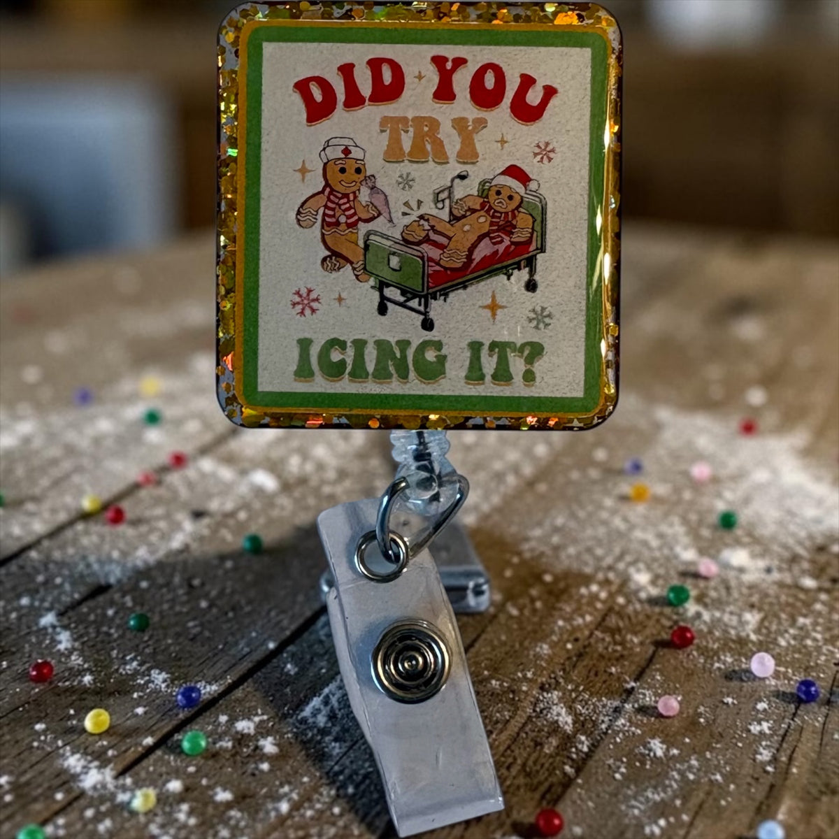 Funny Gingerbread Christmas Badge Reel – Holiday Nurse ID Clip, ER Nurse Gift, Medical Badge Holder for Winter Scrubs
